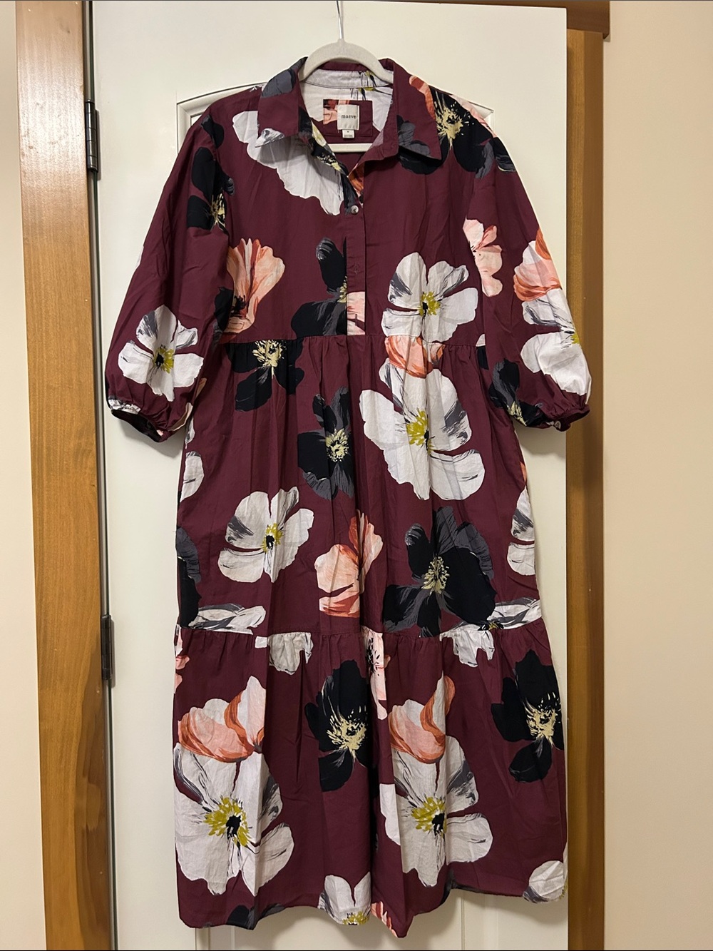 Maeve Burgundy Large Floral Button-Front Dress tiered skirted hem - beauty
